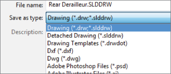 A portion of a dialog box with Rear Derailleur.SLDDRW indicated in the File name Box. Save as type drop–down list is expanded with Drawing (*.drw;*slddrw) being selected.