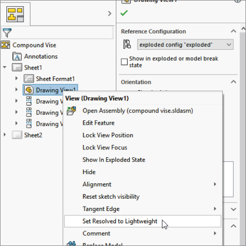 Right–click menu of Drawing View1 with the cursor pointing the Set Resolved to Lightweight option. Other options being displayed are Tangent Edge, Reset sketch visibility, Comment, Alignment, Hide, etc.