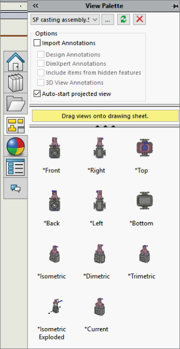 View palette with check box for Auto–start projected view option selected. 11 Views are found at the bottom portion.