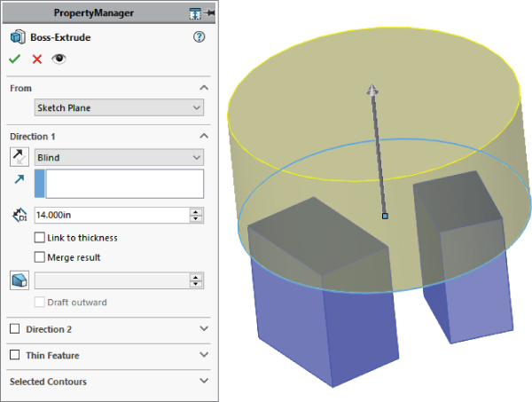 Boss–Extrude PropertyManager with panels for From, Direction 1, Direction 2, Thin Feature, and Selected Contours (left) and an assembly depicted by a cylinder on top of 2 shaded cuboids (right).