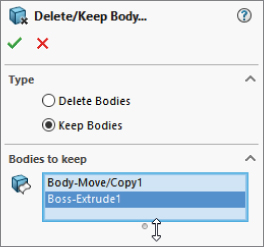 Delete/Keep Bodies PropertyManager with Keep Bodies option selected in the Type panel and Boss–Extrude1 highlighted in the Bodies to keep panel.