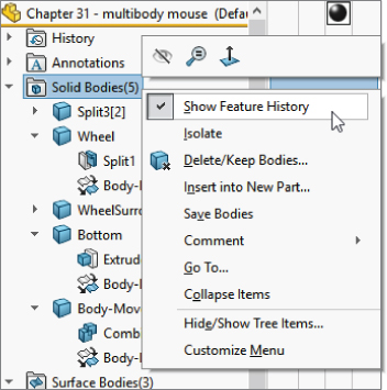 Right–click menu of the Solid Bodies folder displaying Show Feature History option pointed by the cursor. Other options being displayed are Isolate, Delete/Keep Bodies, Insert into New Part, Save Bodies, Comment, etc.