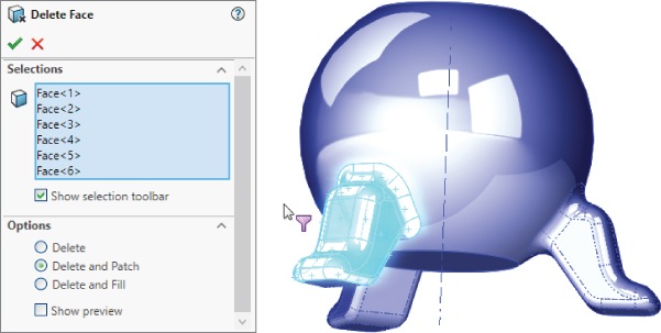 Left: Delete Face PropertyManager with panels for Selections and Options. Delete and Patch is selected in the Options panel. Right: A model depicted by spherical shaped with 3 legs and flat top and bottom sides.
