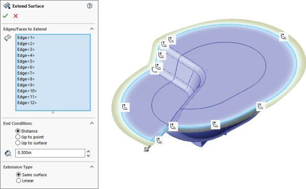 Extend Surface PropertyManager with panels for Edges/Faces to Extend, End Condition, and Extension Type (left) and an example of the feature at work (right).