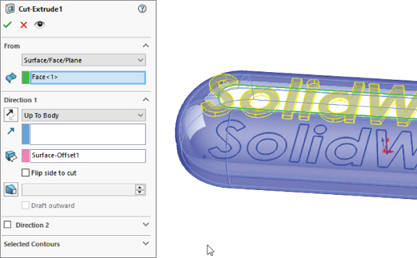 Cut–Extrude PropertyManager displaying the settings for the From and Direction 1 panels (left) and schematic of a model with extruded cut (right).