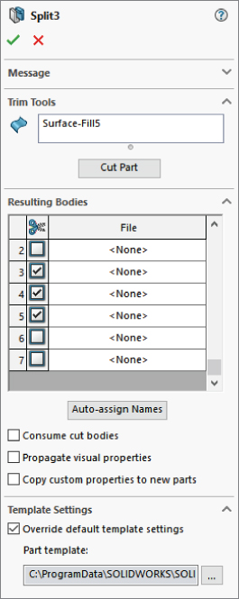 Split PropertyManager with panels for Message, Trim Tools, Resulting Bodies, and Template settings. In the Template Settings panel, check box for Override default template settings is selected.