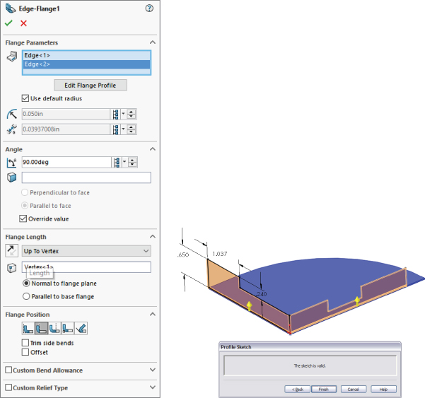 Left: Edge Flange PropertyManager with panels for Flange Parameters, Angle, Flange Length, etc. Right: A simple flange model with dimensions indicated. A Profile Sketch dialog box is found the below.