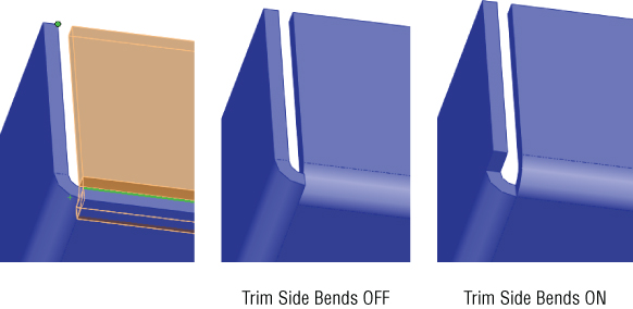 Schematic displaying 3 corners of a model having a relief cut (left) with off (middle) and on (right) Trim Side Bends option.