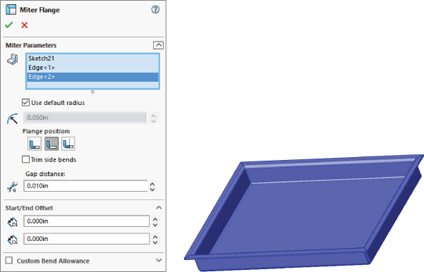 Miter Flange PropertyManager with panels for Miter Parameters, Start/End Offset, and Custom Bend Allowance (left) and a sample miter flange (right).