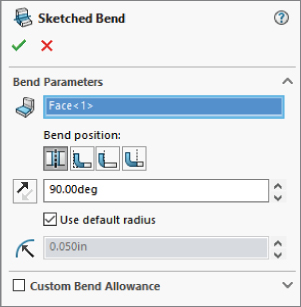 Sketched Bend PropertyManager displaying the settings in the Bend Parameters panel. Use default radius check box is selected.