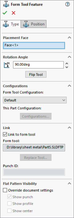 Form Tool Feature PropertyManager displaying Face<1> indicated in the Placement Face box, 90.00deg indicated in the Rotation Angle box, Link to form tool check box selected in the Link panel, etc.