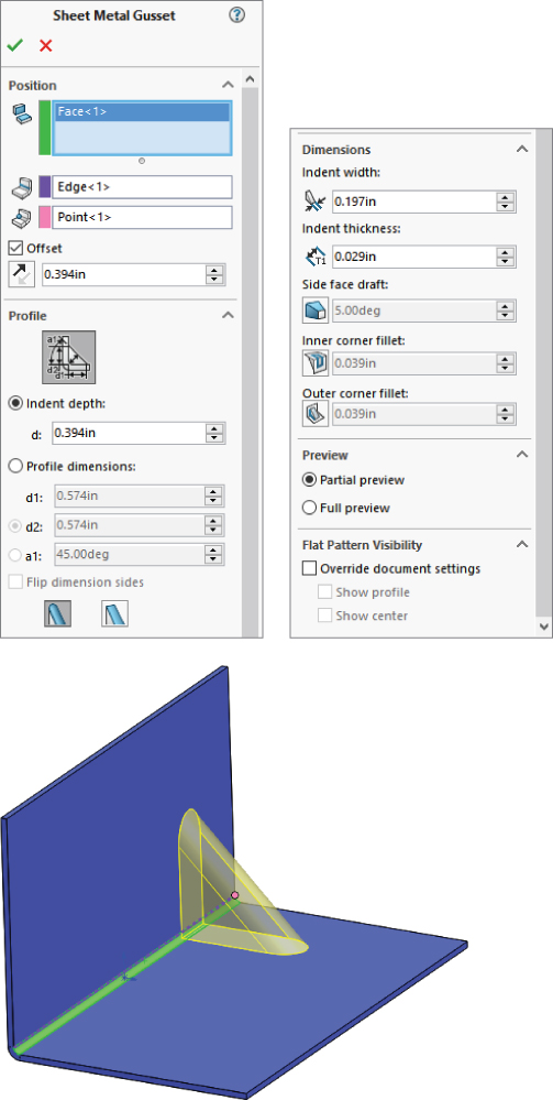 Top: Sheet Metal Gusset PropertyManger (in two parts) with panels for Position and Profile (left) and Dimensions, Partial preview, and Flat Pattern Visibility (right). Bottom: Preview of the feature in a sheet metal.