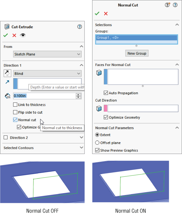 Cut–Extrude PropertyManager (top left) and Normal Cut PropertyManager (top right) and schematic illustrating sheet metals with off (bottom left) and on (bottom right) Normal Cut option.