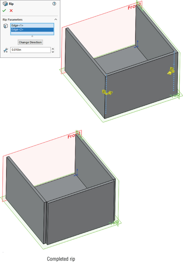 Rip feature displaying Rip parameters (Edge 1 and 2) to rip out the 4 corners of the sheet metal with drop–down box labeled 0.010in. At the right side is an illustration based on the feature and below is a completed rip.