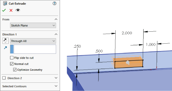 Left: Cut–Extrude PropertyManager with drop–down box labeled Sketch Pane and Through All. Right: Illustration of the sheet metal base using the Normal Cut option with dimensional arrows labeled .250, .500, 2.00, and 1.000.