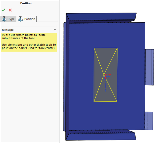Left: Selected Position tab under Position settings displaying message texts labeled Please use sketch points to located sub–instances of the tool etc. Right: Illustration of the sheet metal base on Step 15.