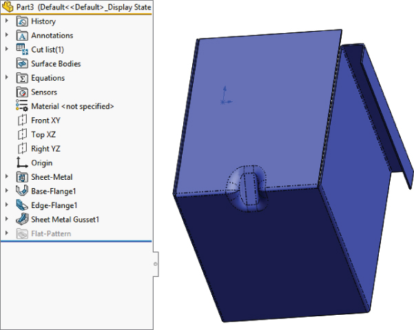 Left: Part3 (Default<<Default>_Display… displaying rightward arrowheads for History, Annotations, Cut list(1), Equations, etc. Right: Illustration of the sheet metal part using Insert Bends base on Step 4.