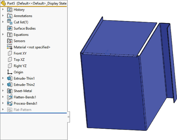 Left: Part5 (Default<<Default>_Display State dialog box displaying folders for History, Annotations, Surface bodies, Equations, Sensors, etc. Right: 3D illustration of a big, dark box with distorted portions.