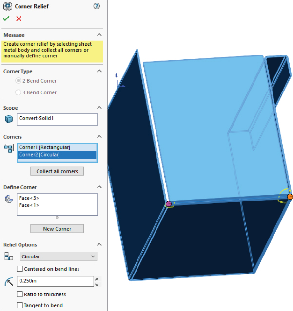 Left: Corner Relief dialog box with a data entry field for Scope labeled Convert–Solid1, for Define Corner labeled Face<3> Face<1>, etc. Right: 3D illustration of a box–like structure with distorted portions.