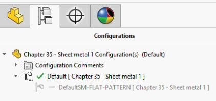 Selected Configurations button displaying the default arrangement with icons for Chapter 35 – Sheet metal 1 Configurations(s) (Default), Configurations Comments, and Default [ Chapter 35 – Sheet metal 1 ].