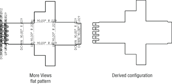 Schematic displaying the difference between the More Views flat pattern (left) and Derived configuration (right) using the More Views options.