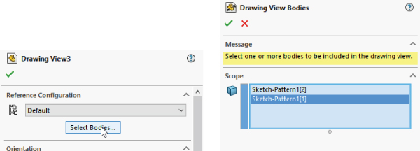 Left: Reference Configuration panel displaying a mouse cursor pointing the Select Bodies. Right: Scope panel displaying a highlighted Sketch–Pattern(1).