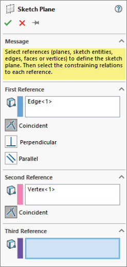Sketch Plane PropertyManager displaying a Message box and boxes labeled Edge<1> and Vertex<1> under First and Second References, respectively, each with highlighted Coincident button.