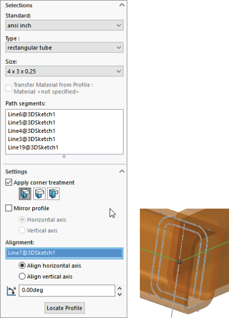 Left: Selections panel displaying drop–down bars labeled ansi inch, rectangular tube, and 4 x 3 x 0.25 and check box for Apply corner treatment. Right: A 3D profile sketch with the interface base on the selections.