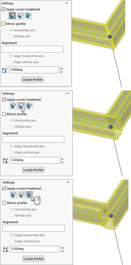 3 Setting panels with check box for Apply corner treatment with selected 1st, 2nd, and 3rd (top–bottom) options depicting 3 sketches of weldment at the right side, each with corner treatments base on the selected options.