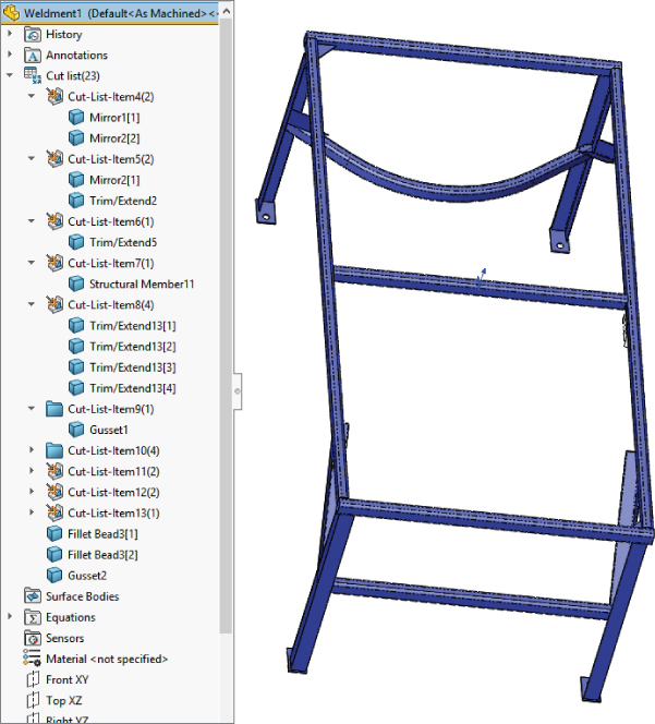 Weldment1 (Default<As Machined<>… displaying lists of items under Cut list (23) labeled Cut–List–Item4(2), Cut–List–Item5(2), etc. At the left side is a 3D illustration of weldment displaying the result of the update.