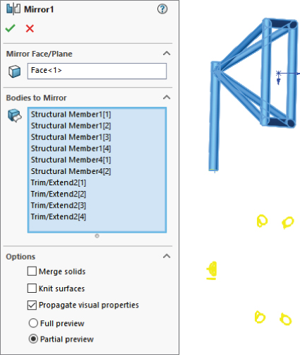Left: Mirro1 PropertyManager with filled panels for Mirror Face/Plane (Face<1>), Bodies to Mirror, and Options (Propagate visual properties and Partial view). Right: The sketch from Step 26 applied with Mirror feature.