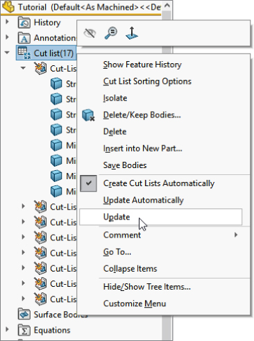 Selected Cut List folder displaying check mark for Create Cut Lists Automatically and a mouse cursor pointing Update.