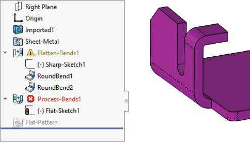 Left: FeatureManager with downward arrowheads for Flatten–Bends1 and Process–Bends1. Right: 3D illustration displaying sheet metal with small ledge between the big flat face and the inside bend on both ends.