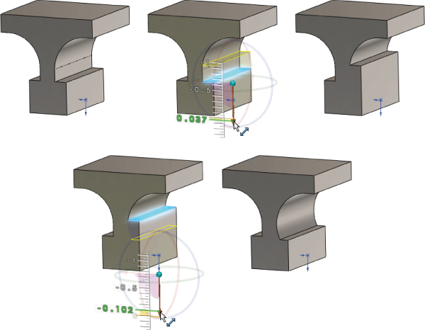 Five 3D sketches of the original sketch using the part from Figure 37.11 depicted by a T–shaped bar.