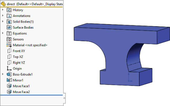 Left: direct (Default<<Default>_Display… FeatureManager displaying rightward arrowheads for History, Annotations, Solid Bodies (1), etc. Right: 3D illustration of the original sketch depicted by a T–shaped bar.