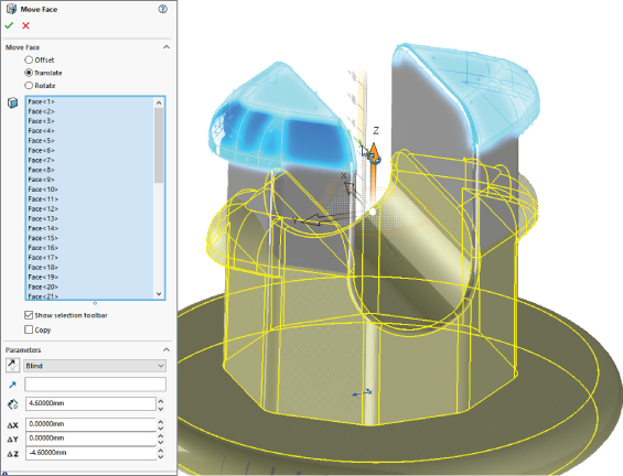 Left: Move Face FeatureManager with selected Translate under Move Face and Show selection toolbar. Right: 3D illustration of the imported rivet depicted by a circle with a cylinder on top.
