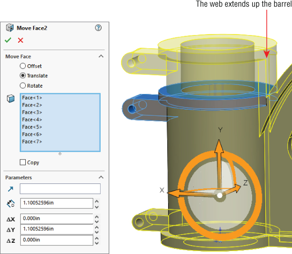 Left: Move Face2 FeatureManager with selected Translate under Move Face and filled bars for Parameters panel. Right: 3D sketch of a shaded cylinder with an arrow labeled web extends up barrel. XYZ coordinates are indicated.