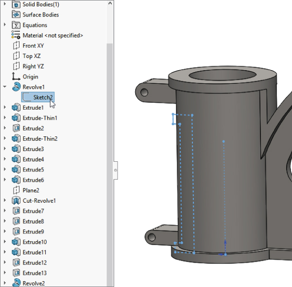 Left: FeatureManager with right arrowheads for Solid Bodies (1), Equations, Revolve1, Extrude1, Extrude–Thin1, Extrude2, etc. and a mouse pointer pointing Sketch 2. Right: 3D illustration of the barrel.