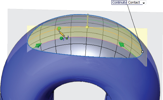 3D sketch of a semi–circle donut with a line at the right corner indicating Continuity/Contact and a pen tool indicated at the top surface.