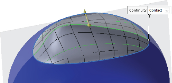 3D sketch displaying the top view of the semi–circle donut from Figure 37.23, with a line at the right corner indicating Continuity/Contact. 