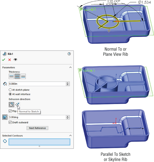 Left: Rib1 PropertyManager with drop–down bars labeled 0.080in and 3.00 deg under Parameters. Right: Sketches of the hook using Rib technique with labels Normal To/Plane View Rib and Parallel to Sketch or Skyline Rib.
