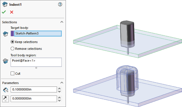 Left: Indent1 PropertyManager with data field entries labeled Sketch–Pattern3 and Point@Face<1> under Selections panel. Right: Illustrations displaying a thin–walled area with attached small electric motor.
