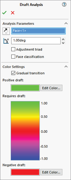 Draft Analysis PropertyManager depicting Face<1< under Analysis Parameters and Color Settings panel with scale images for Requires draft and shaded bars for Positive and Negative drafts under Color Settings panel.