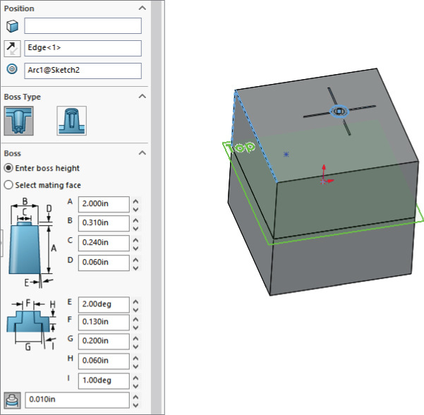 Left: Position dialog box displaying Enter boss height bulleted under Boss section. Right: 3D illustration displaying a cube with a line horizontally dividing it into to. On top area is a circle with 4 lines.