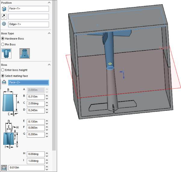 Left: Position dialog box displaying Hardware Boss under Boss Type and Select mating face under Boss, highlighted. Right: 3D schematic of a box containing a bar with propeller at both ends.