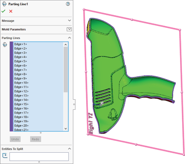 Left: Parting Line1 PropertyManager displaying a labeled lists box under Parting Lines. Below is an empty box under Entities to Split. Right: Illustration displaying the cross–sectional view of the plastic handle.