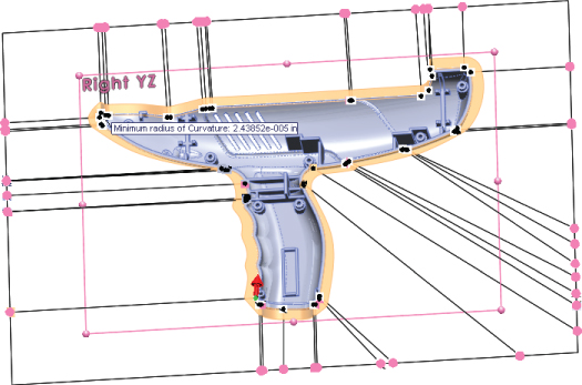 Illustration of the cross–sectional view of the plastic handle bounded in a rectangle with horizontal and descending lines and dots around the perimeter.