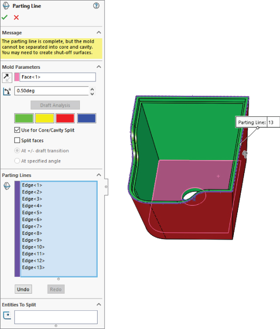 Left: Parting Line Propertymanager with a Message box and filled list box and data entries for Parting Lines and Mold Parameters panels. Right: Illustration of the model with a line indicating parting Lines: 13.