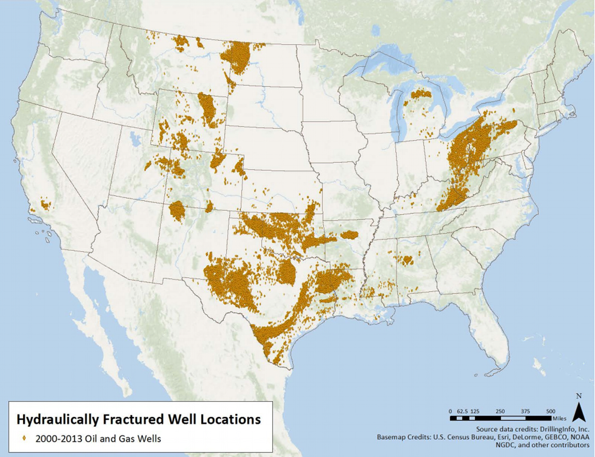 U.S. map depicting the locations of drilled and hydraulically fractured ~275 000 oil and gas wells between 2010 and 2013 (US EPA 2016b).