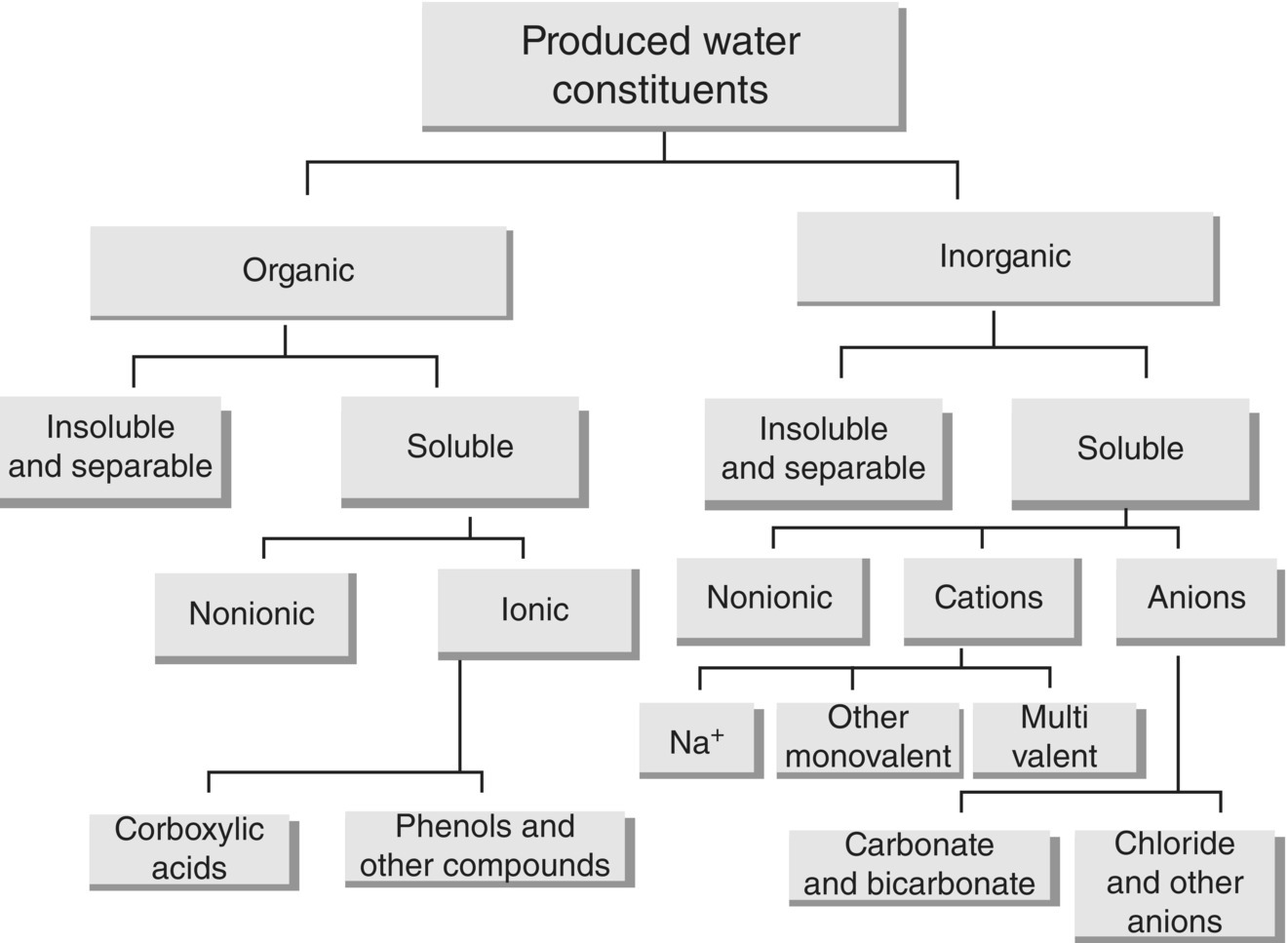 Tree diagram displaying produced water constituents branching to organic and inorganic, with both branching to insoluble and separable and soluble. Soluble under inorganic branches to nonionic, cations, and anions.